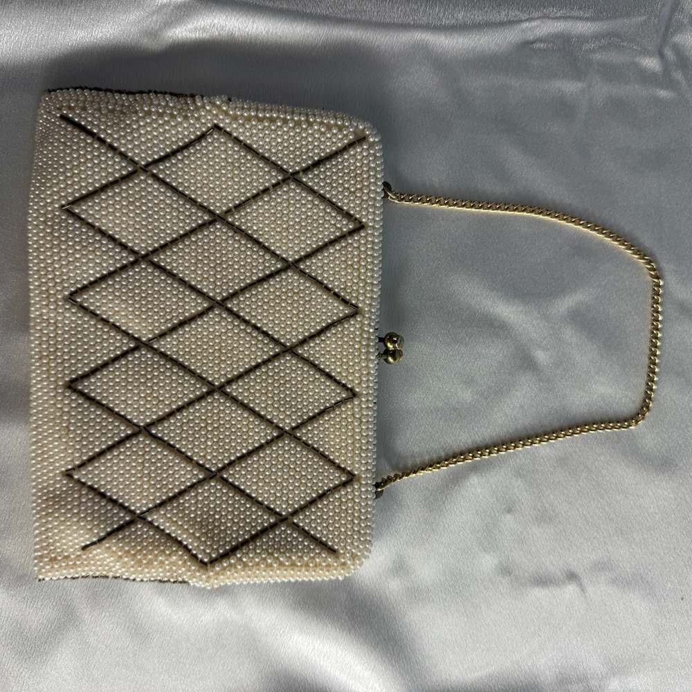 VTG Bag by Debbie Beaded Clutch Womens Small Ivory Pearl Diamond Lattice 1950s